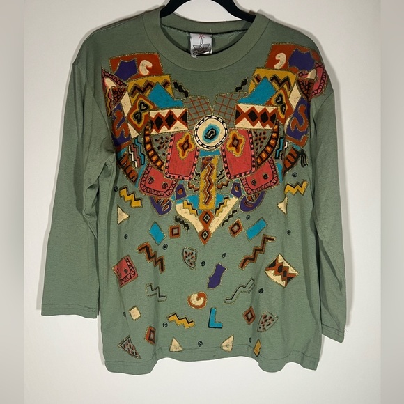 Vintage 90s KWBL Los Angeles green handpainted aztec southwest LS tshirt sz L - Picture 1 of 10